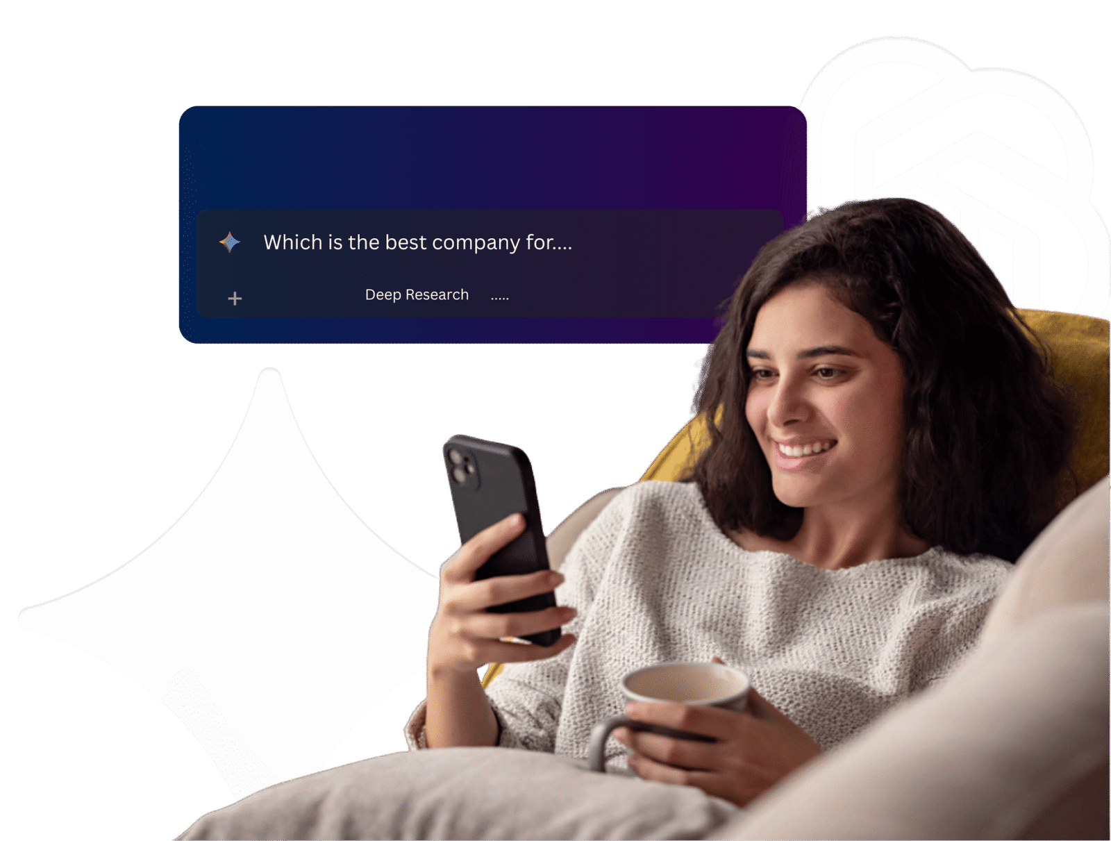 Woman using mobile phone asking an AI assistant a question with a popup response.