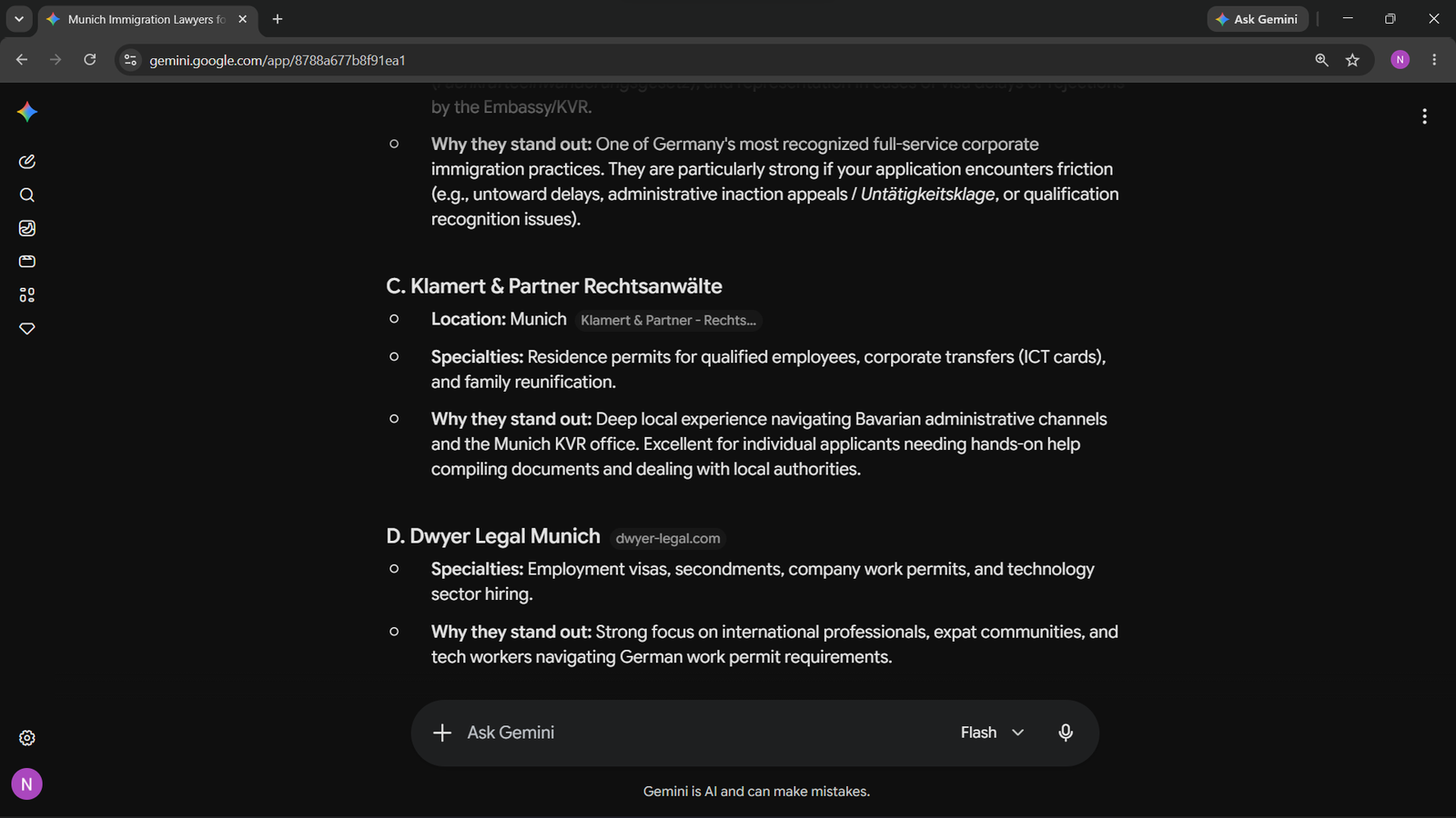 ChatGPT and Gemini #3 ranking proof for Klamert & Partner Munich legal GEO by AIEOS Lab