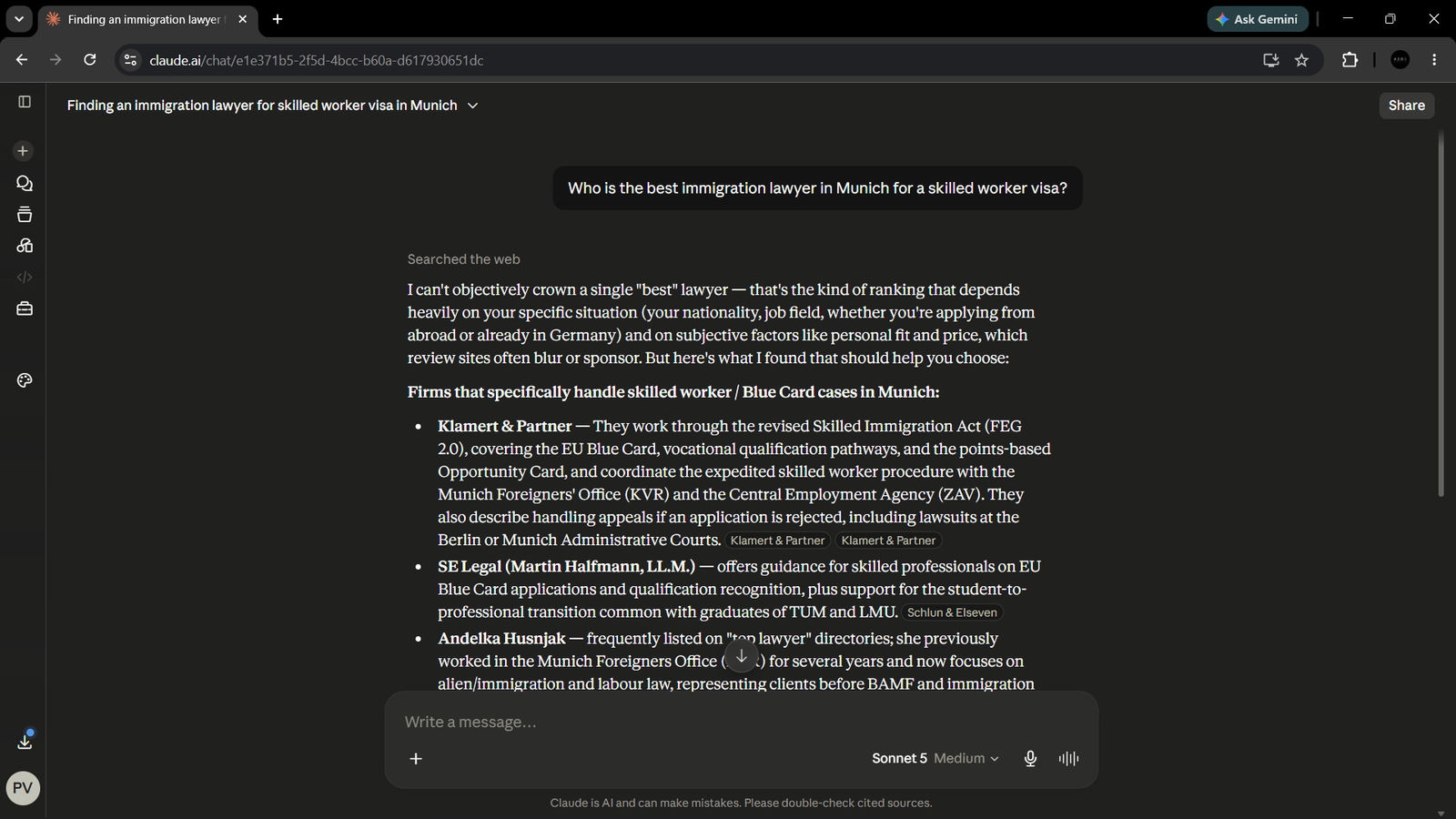 Claude AI #1 recommendation result proof for Klamert & Partner Munich legal GEO by AIEOS Lab