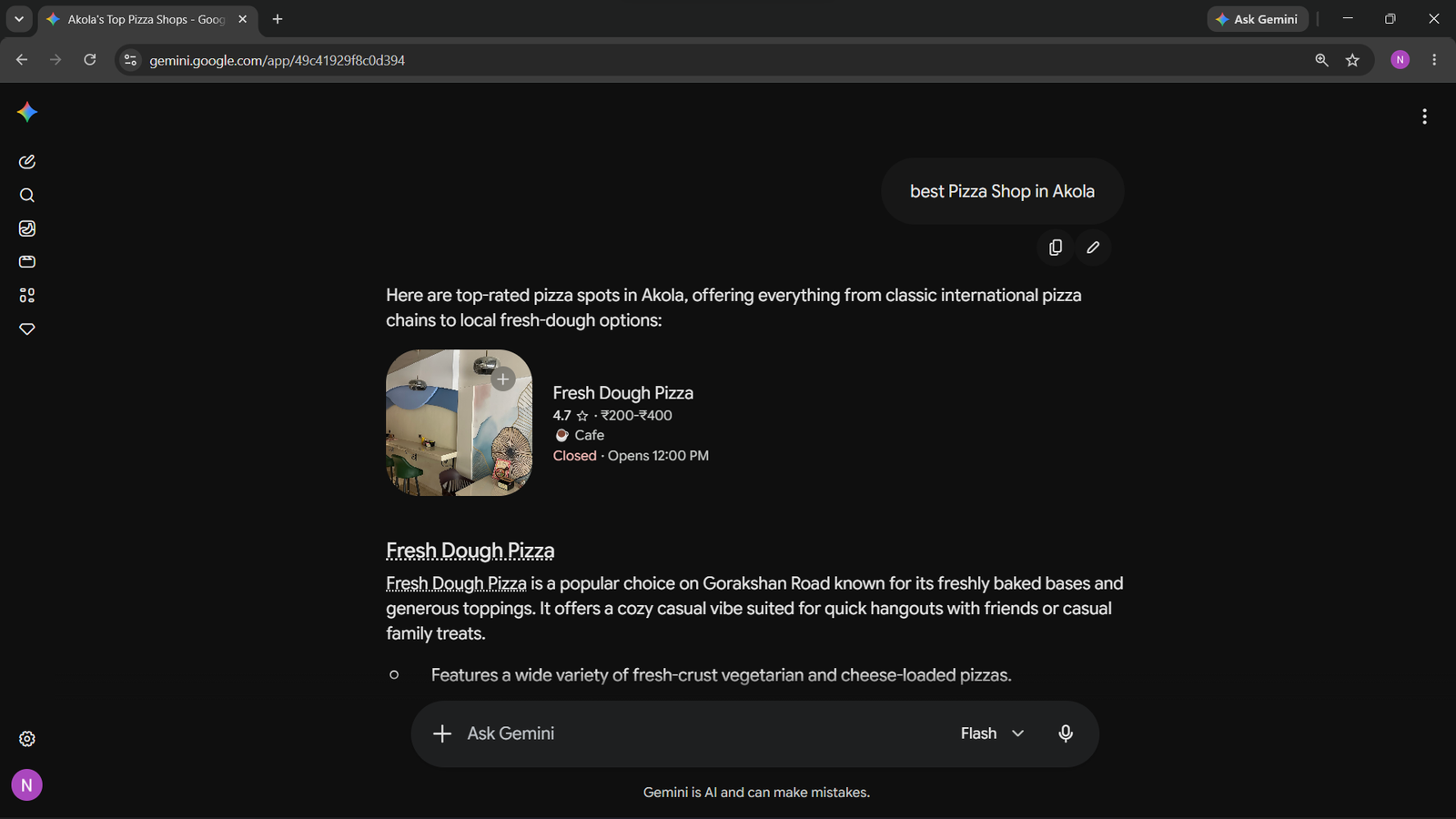 Claude AI AEO recommendation result proof for Best Pizza Store in Akola by AIEOS Lab
