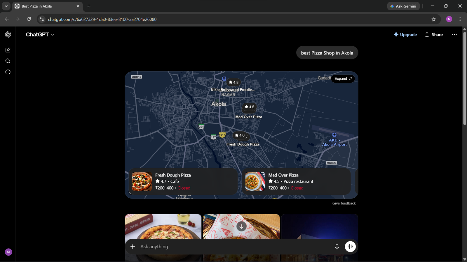 Google Gemini AI Overview ranking proof for Best Pizza Store in Akola by AIEOS Lab