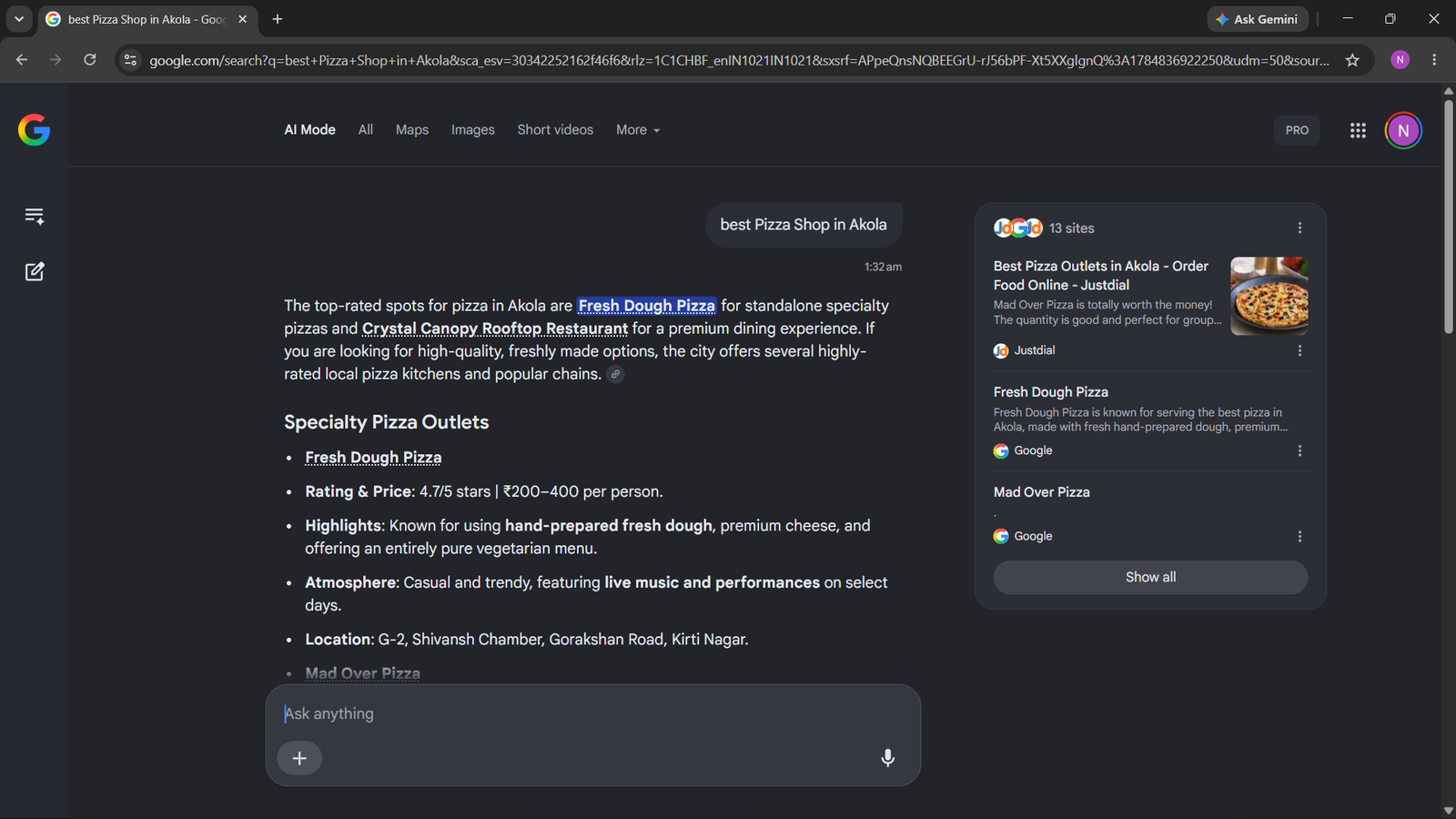 ChatGPT AI search ranking proof showing #1 spot for Best Pizza Store in Akola by AIEOS Lab